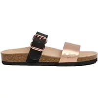 Black and rose gold women's sandals with cork sole and buckle strap by Pepe Jeans.