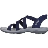 Navy blue Skechers Reggae Slim Stretch Flex sandals with crisscross straps and cushioned gray sole.