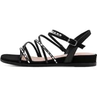 Black Tamaris women's sandals with multiple thin straps, buckle closure, and small decorative studs.