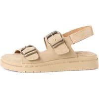 Beige Tamaris women's sandals with two adjustable buckles and a flat sole.
