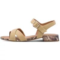 Beige Tamaris women's sandals with ankle strap, buckle, and snakeskin-patterned low block heel.