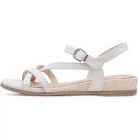 Women's white Tamaris sandals with crisscross straps, ankle buckle, and flat espadrille-style sole.