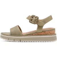Beige women's sandals by Tamaris with braided buckle strap, cork wedge, and white platform sole.