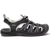 Black Trespass Brontie women's sandals with grey accents, closed toe, adjustable bungee laces, and cushioned sole.
