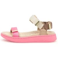 Women's sandals Woden Line Tricolor with pink sole, beige and pink straps, and gold buckle accents.