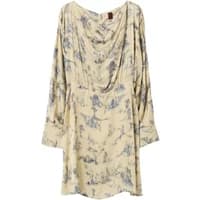 Cream Stefanel satin dress with blue floral print, long sleeves, and draped neckline.