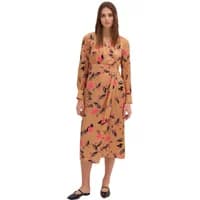 Women's satin maxi dress, tan with pink and black floral print, long sleeves, wrap style by Stefanel.