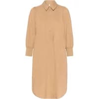 Tan women's shirt dress with long sleeves, button-up front, and a classic collar.