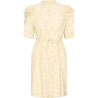 Cream floral Ichi Asdis shirt dress with puff sleeves, high neck, and waist tie.