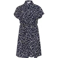 Navy blue shirt dress with white abstract pattern, short sleeves, button front, and a cinched waist by KAFFE Curve.
