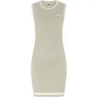 Beige sleeveless knitted dress by Guess with a fitted silhouette and subtle logo on the chest.