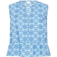 Light blue short-sleeved blouse with navy floral pattern and subtle V-neck by Ichi.