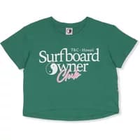 Green women's short T-shirt with "Surfboard Owner Club" text and yin-yang logo by Town & Country Surf Designs.