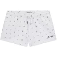 White Guess women's shorts with small black and gray print, drawstring waist, and logo on the hem.