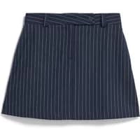 Navy blue women's skirt by ARMEDANGELS with white pinstripes and belt loops.