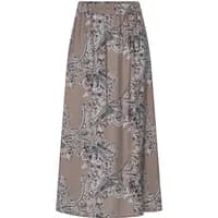 Beige women's skirt fransa Adara 1 with intricate white and black paisley pattern, mid-length, elastic waistband.