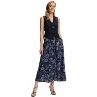 Women's Greenpoint skirt, navy with floral pattern, ankle-length, paired with black sleeveless top.