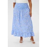 Blue floral-patterned KAFFE Curve Bella women's skirt, ankle-length with a ruffled hem and elastic waistband.