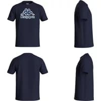 Navy blue Kappa t-shirt with white logo on chest, shown from front, back, and side angles.