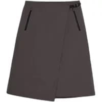 Gray women's Krakatau Ōmura skirt with asymmetrical wrap design, black zippers, and side buckle detail.