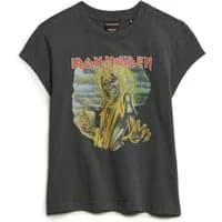 Black Superdry Iron Maiden T-shirt featuring a vintage-style graphic of Eddie the Head and red band logo.