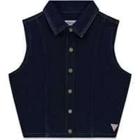 Sleeveless cropped denim shirt by Guess, dark blue with front buttons and small logo patch.