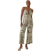 Sleeveless jumpsuit with geometric pattern, V-neckline, wide-leg pants, and adjustable spaghetti straps.