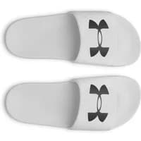 White Under Armour women's slides with black logo on wide strap.
