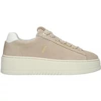 Beige women's sneakers with suede finish, white platform sole, and gold "Rory" logo on the side.