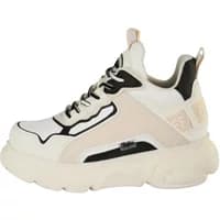 Women's Buffalo Cld Chai sneakers in vegan nubuck, white with black accents, chunky sole, and lace-up design.