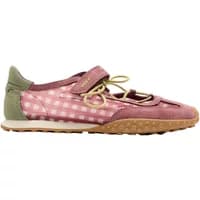 Women's sneakers with pink gingham pattern, green heel, bow detail, and tan sole.