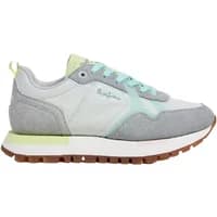 Gray and white women's sneakers with mint green accents, suede panels, and a chunky brown sole.