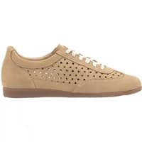 Beige women's sneakers Ryłko Kinga with perforated sides, white laces, and a flat brown sole.