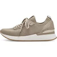 Beige Tamaris women's sneakers with knit texture, lace-up design, and white sole.
