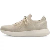Beige Tamaris women's sneakers with knit upper, lace-up design, and cushioned white sole.
