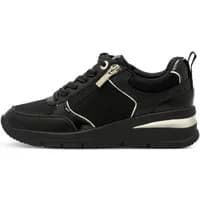 Black Tamaris women's sneakers with side zipper, white accents, and thick sole.