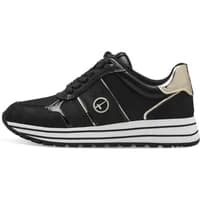 Black Tamaris women's sneakers with white sole, gold heel accent, and lace-up closure.