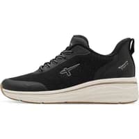 Black Tamaris women's sneakers with white sole, lace-up front, and subtle logo on side.