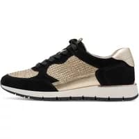 Black and gold women's sneakers with woven texture, white sole, and black laces by Tamaris.
