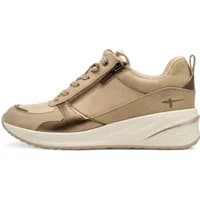 Beige and bronze women's Tamaris sneakers with side zipper, lace-up front, and thick white sole.