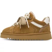 Brown suede women's sneakers with chunky sole, white accents, and thick laces.