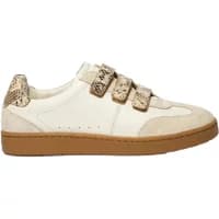 Women's TBS Vanilla sneakers, white with beige suede accents, snake-patterned velcro straps, and brown rubber sole.