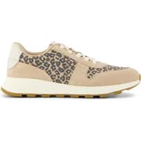 Beige women's sneakers TOMS Tretro with leopard print panels, white laces, and gum sole.