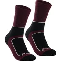 Women's Regatta Samaris 2 socks, black and burgundy with reinforced heel and toe, ribbed cuffs, and white trim accents.