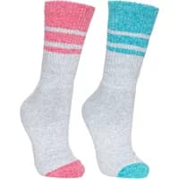 Gray women's socks with pink and blue tops and toes, featuring two white stripes near the cuffs.