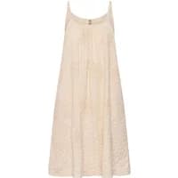 Beige strapless dress CULTURE CULelau with subtle floral pattern and flowing A-line silhouette.