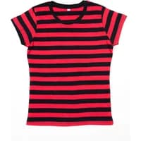 Red and black striped women's T-shirt by Mantis with short sleeves and a round neckline.