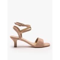 Beige suede leather heeled sandals with ankle strap and open toe design by Ryłko.