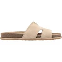 Beige suede women's mules by Ryłko with open toe, cut-out design, and flat sole.