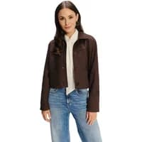Brown suede overshirt by Greenpoint, button-up front, long sleeves, worn over a white shirt and blue jeans.